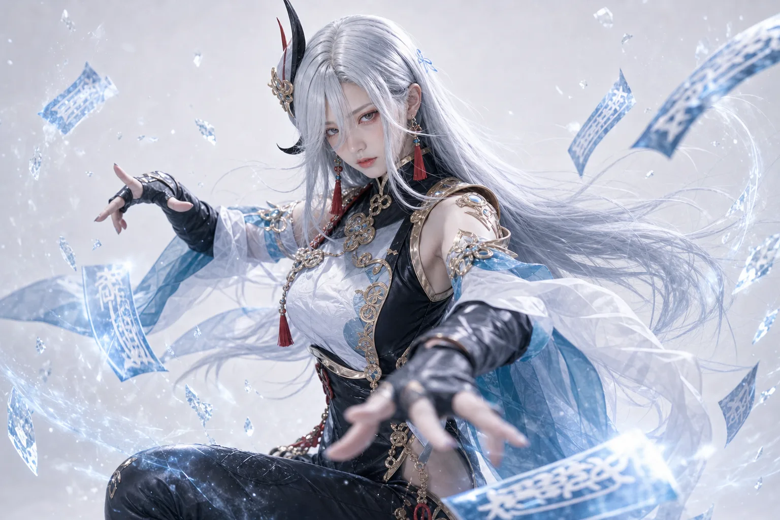 申鹤坐姿符纸飞散 Cosplay 拍摄动作参考图